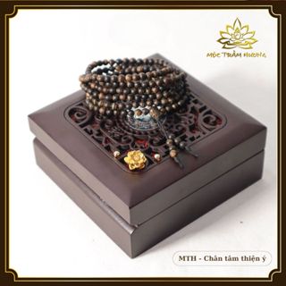 Vòng tay Chuỗi Tràng Hạt 216 4mm Trầm Sánh Chìm MIX Bạc S925 CHARM (HOA SEN Vàng) - Mộc Trầm Hương MTH