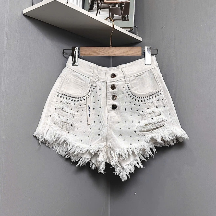 TIENSTYLE - Quần Short Jean 4 Nút Đính Đá Lấp Lánh Bling Bling Màu Trắng Cào Rách Cá Tính