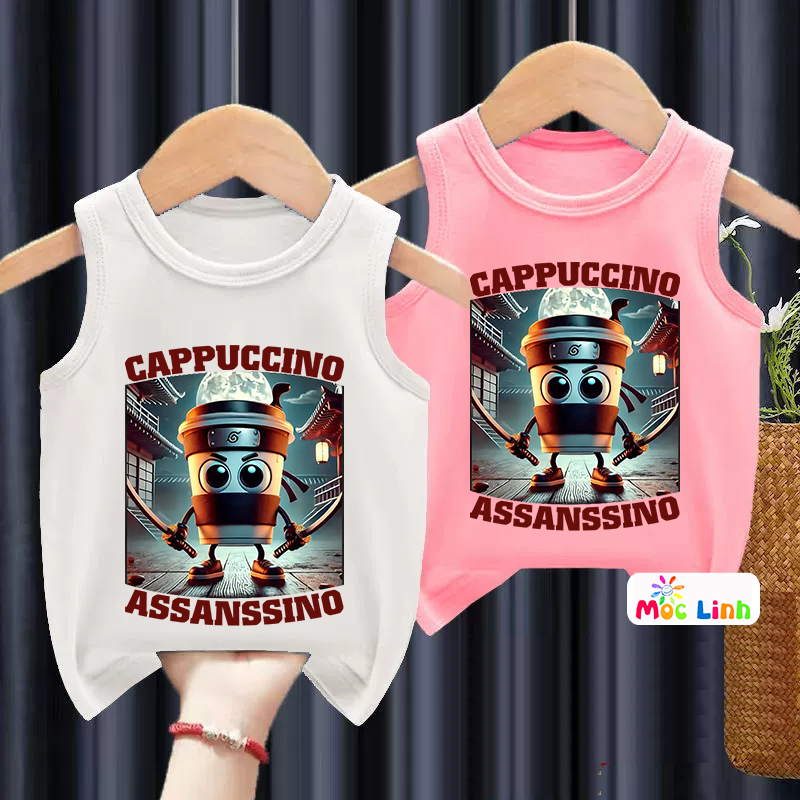 Áo Ba Lỗ Bé Trai In Hình Capucino Asansino, Áo Thun 3 Lỗ Vải Cotton, Áo Tung Tung Cho Bé Trai