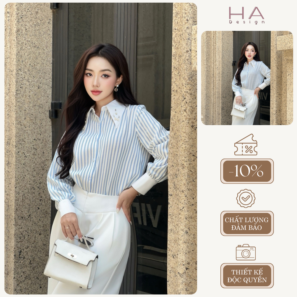 Áo sơ mi thiết kế sọc xanh đính đá lá cổ HA Design, thiết kế thanh lịch, phù hợp đi chơi đi làm_HA44