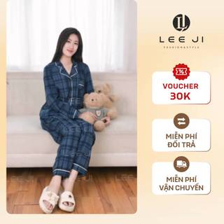  Bộ Pijama Nữ Dài Tay Mùa Đông Kẻ Caro Xanh Đen,Bộ Ngủ Nữ Dài Thiết Kế Bo Viền Cổ Tay Áo Và Vạt Áo LEE JI - LJX11 