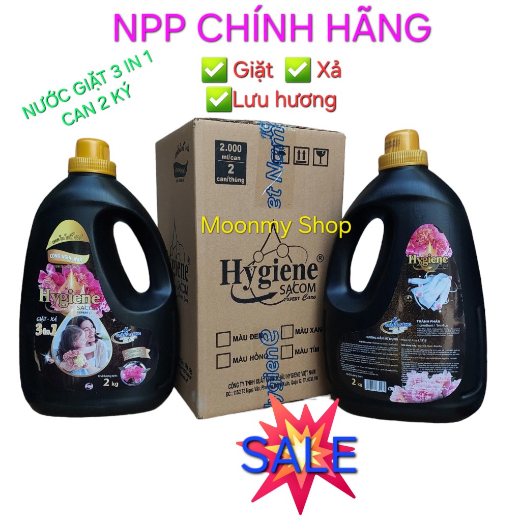 (Trợ giá)Combo 2 can Nước giặt Hygiene SACOM Việt Nam sản xuất 3in1, 2 ký/can, SX Công nghệ Thái Lan