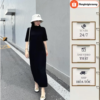 Váy Thun Đen Dáng Dài Cổ Cao Tay Lỡ - Đầm Suông Nữ Body Basic Co Giãn Tôn Dáng Phong Cách Thanh Lịch D221