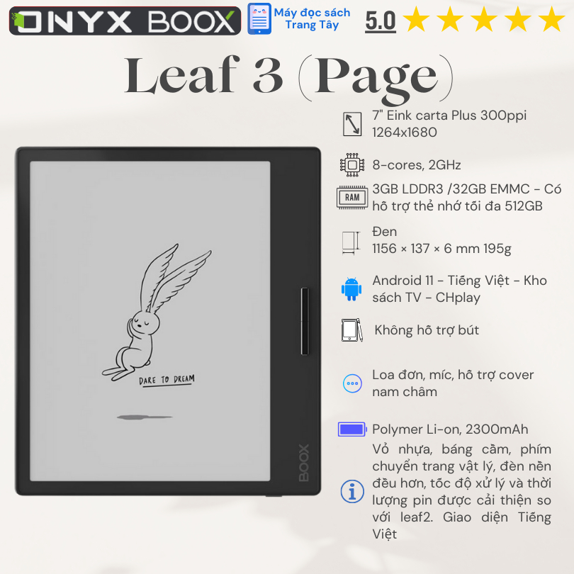 Máy đọc sách Onyx Boox Leaf3 (đã cài thành Boox Page để có Tiếng Việt)