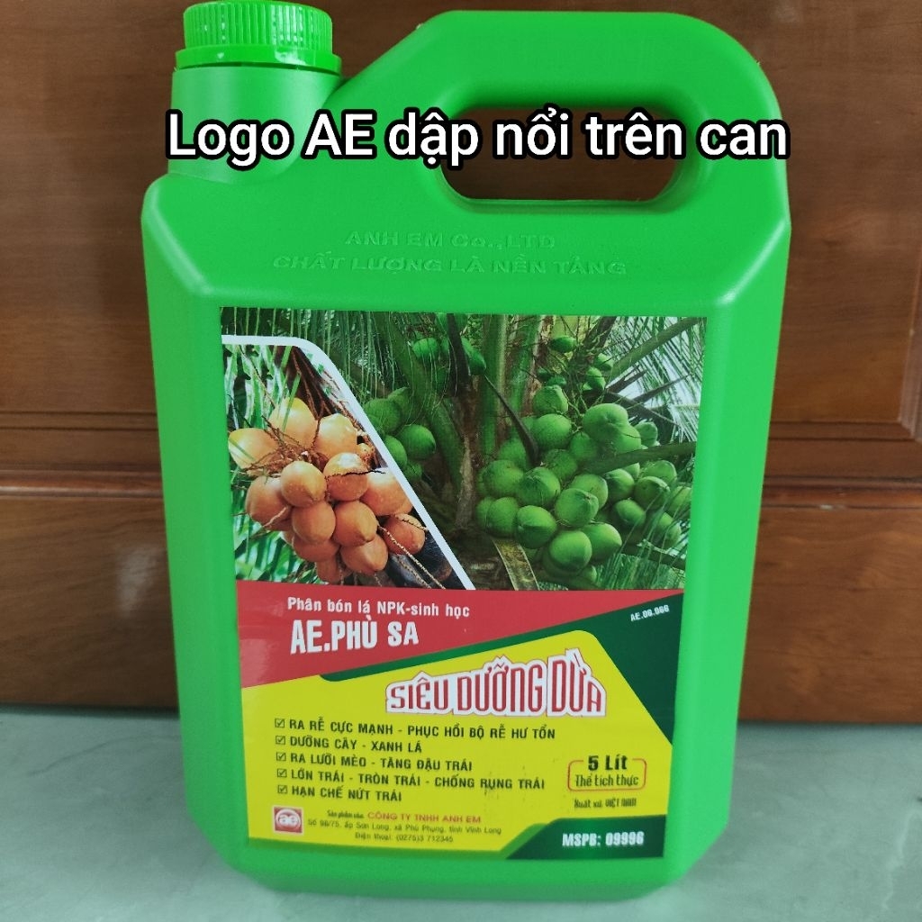 Mẫu mới phân bón lá Siêu Dưỡng Dừa AE Phù Sa tăng tỷ lệ đậu trái, ra lưỡi mèo, can 5 lít