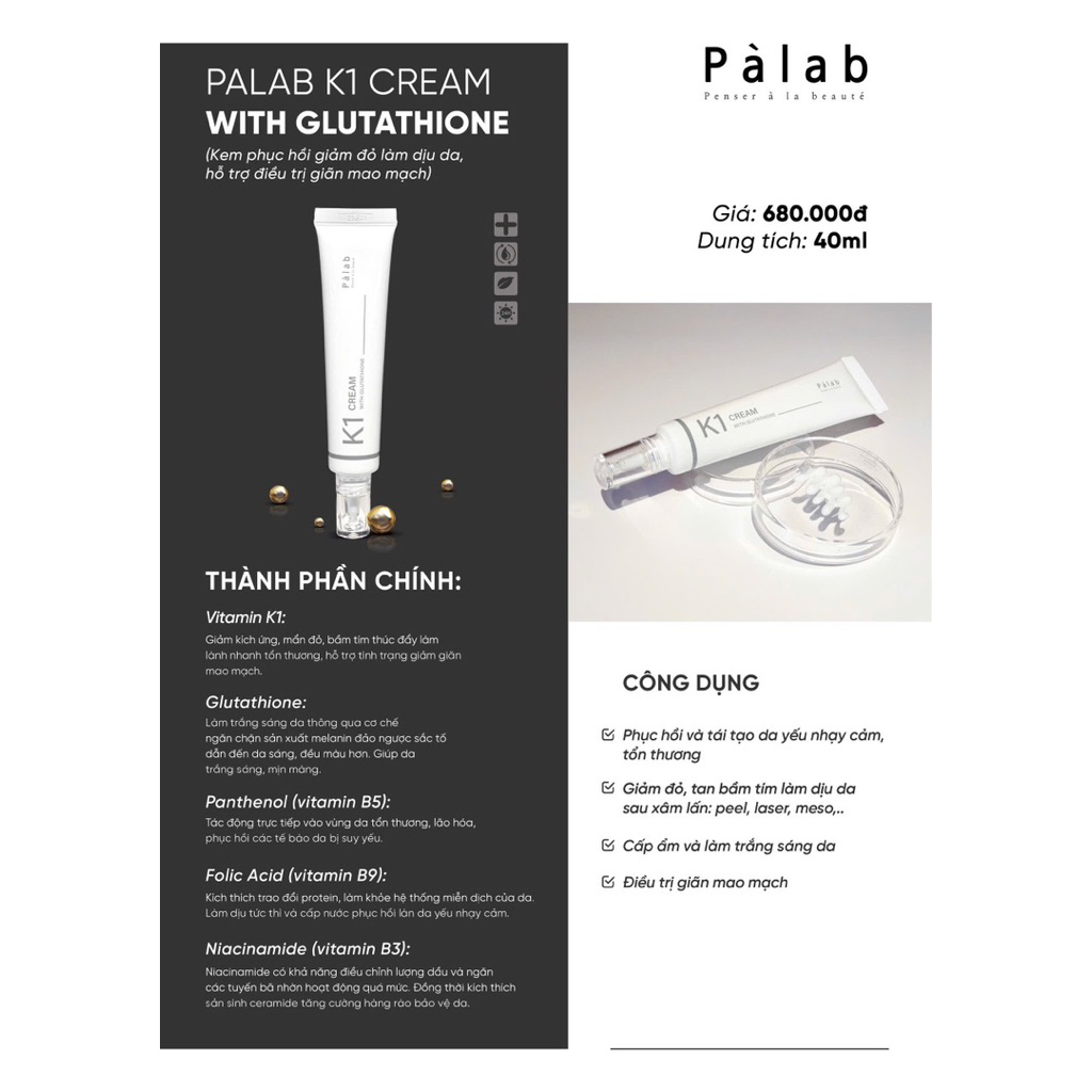 [ Hàng Công Ty  ] Pàlab K1 Cream with Glutathione - Kem dưỡng phục hồi làm dịu da đỏ rát và giãn mao