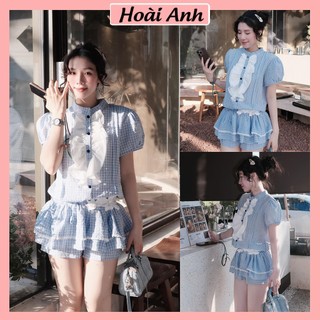  Set Bộ Đồ Nữ Áo Kẻ Caro Xanh Tay Bồng Phối Viền Bèo Ren Mix Chân Váy Viền Kèm Dây Buộc Nơ Freesize 