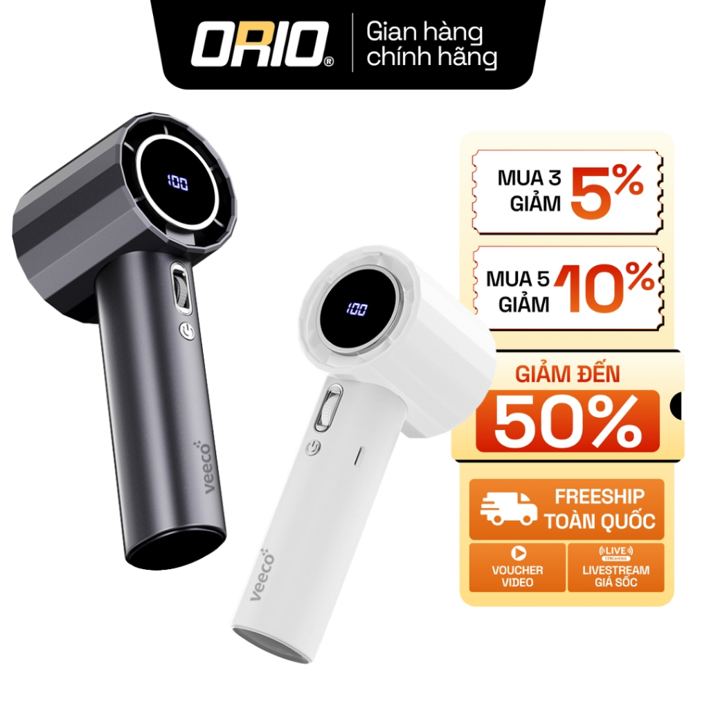 Quạt Mini Cầm Tay ORIO GGS5 Màn Hình Kỹ Thuật Số , 100 Tốc Độ Gió Cao Pin Dung Lượng Lớn