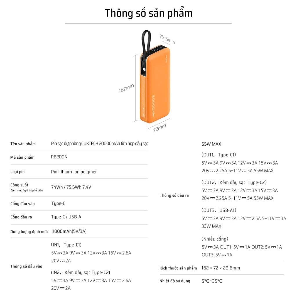 CUKTECH CP25 Sạc Di Động Kèm Cáp | Sạc Nhanh 55W Max | Dung Lượng 20.000mAh | Bảo Hành 18 Tháng PB200N | BigBuy360 - bigbuy360.vn