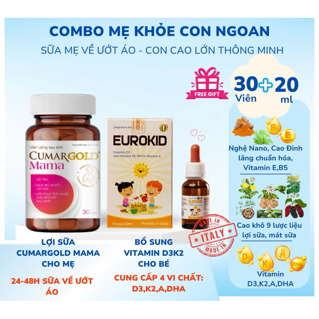 [COMBO] 1 Hộp lợi sữa Cumargold mama và 1 Hộp Vitamin D3K2 Eurokid cho bé, Sữa mẹ về ướt áo, con cao