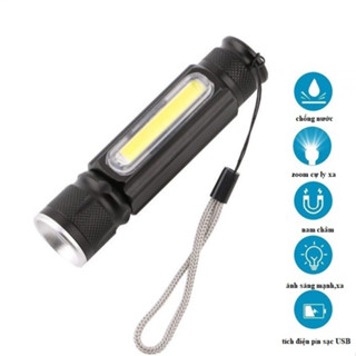 Đèn pin siêu sáng cầm tay 5IN1 kim dải LED thân có zoom quang học cự ly chiếu xa, đế hít nam châm có sạc lại USB
