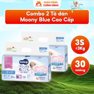 Combo 2 Tã Dán Bé Sơ Sinh 3S MOONY BLUE Cao Cấp Sợi Bông Organic An Toàn Cho Da Bé 30 Miếng - MC03