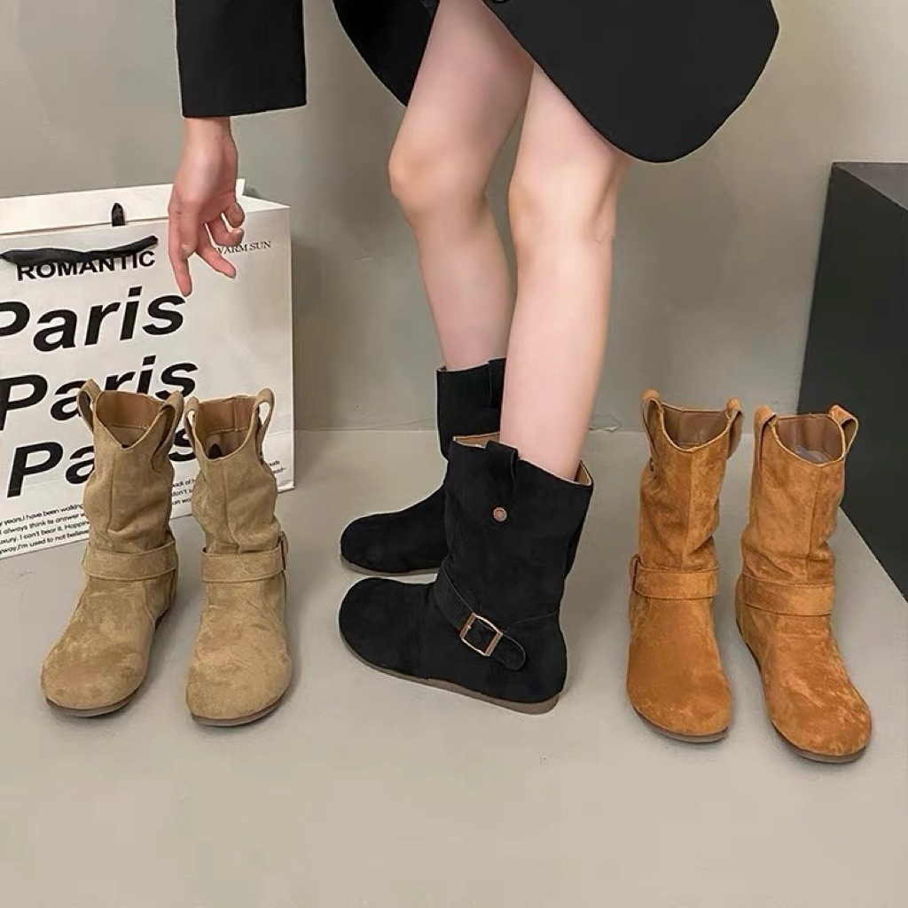 Boots Birken da lộn cổ ngắn cho nữ mũi tròn đế bệt không khoá