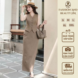 VT250617 - Set Đồ Công Sở Nữ Áo Ghi Lê Sát Nách Phối Chân Váy Dài Ôm Form, Sang Chảnh & Qúy Phái