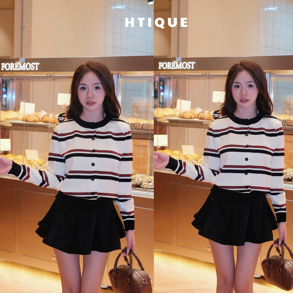 (BST thu đông HTIQUE) Áo cardigan kẻ đỏ - đen, Áo len dệt kim cao cấp basic LA05