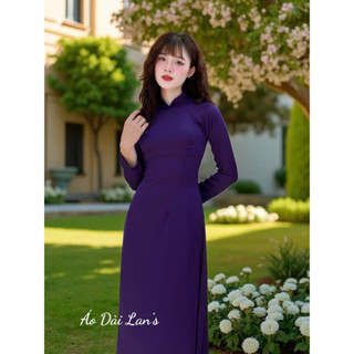 Bộ áo dài Lụa Satin Tím Huế truyền thống cổ 3cm tay dài kèm quần lụa cùng màu sang trọng.
