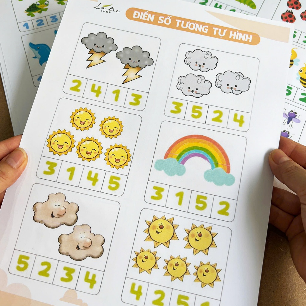 Bộ học liệu điền số tương tự cho bé giúp bé mầm non học toán in màu sắc nét
