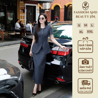 VT250327 - Set Đồ Công Sở Nữ Áo Vest Tay Ngắn + Chân Váy Dài Kẻ Sọc Sang Trọng | Đồ Đi Làm Văn Phòng Form Chuẩn