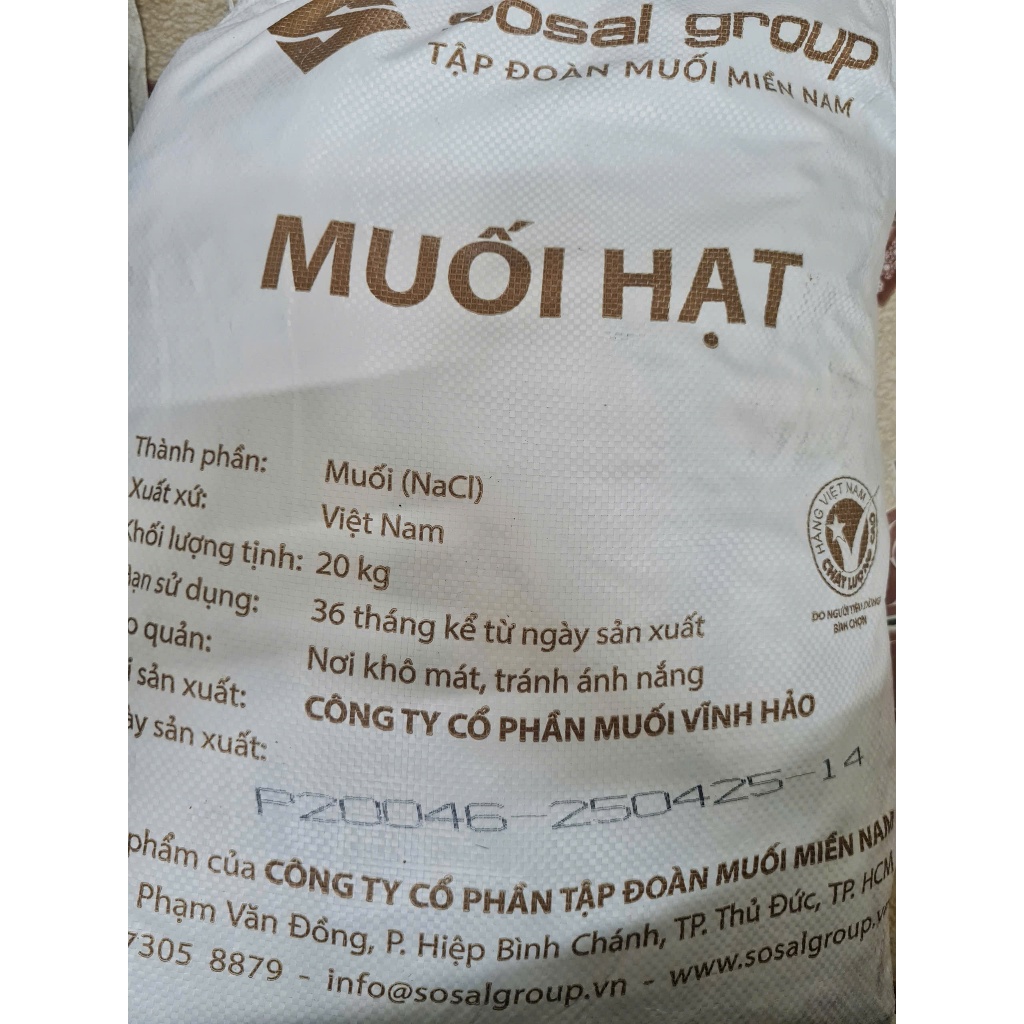 BAO NGUYÊN 20KG MUỐI HẠT THIÊN NHIÊN VĨNH HẢO, MUỐI HẠT SẠCH CỦA SOSALGROUP