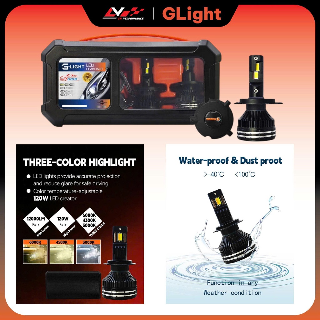 Bóng Đèn Pha LED G-Light G10S 3 Màu - Công Suất 120W, Quang Thông 12000LM,Gắn Zin Cho Ô Tô Xe Máy ( 