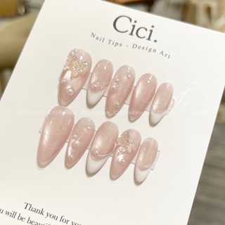  Móng tay giả thiết kế C349 mắt mèo ánh trăng hồng tôn da charm xinh đính hạt tiểu thư by Cici.naibox 