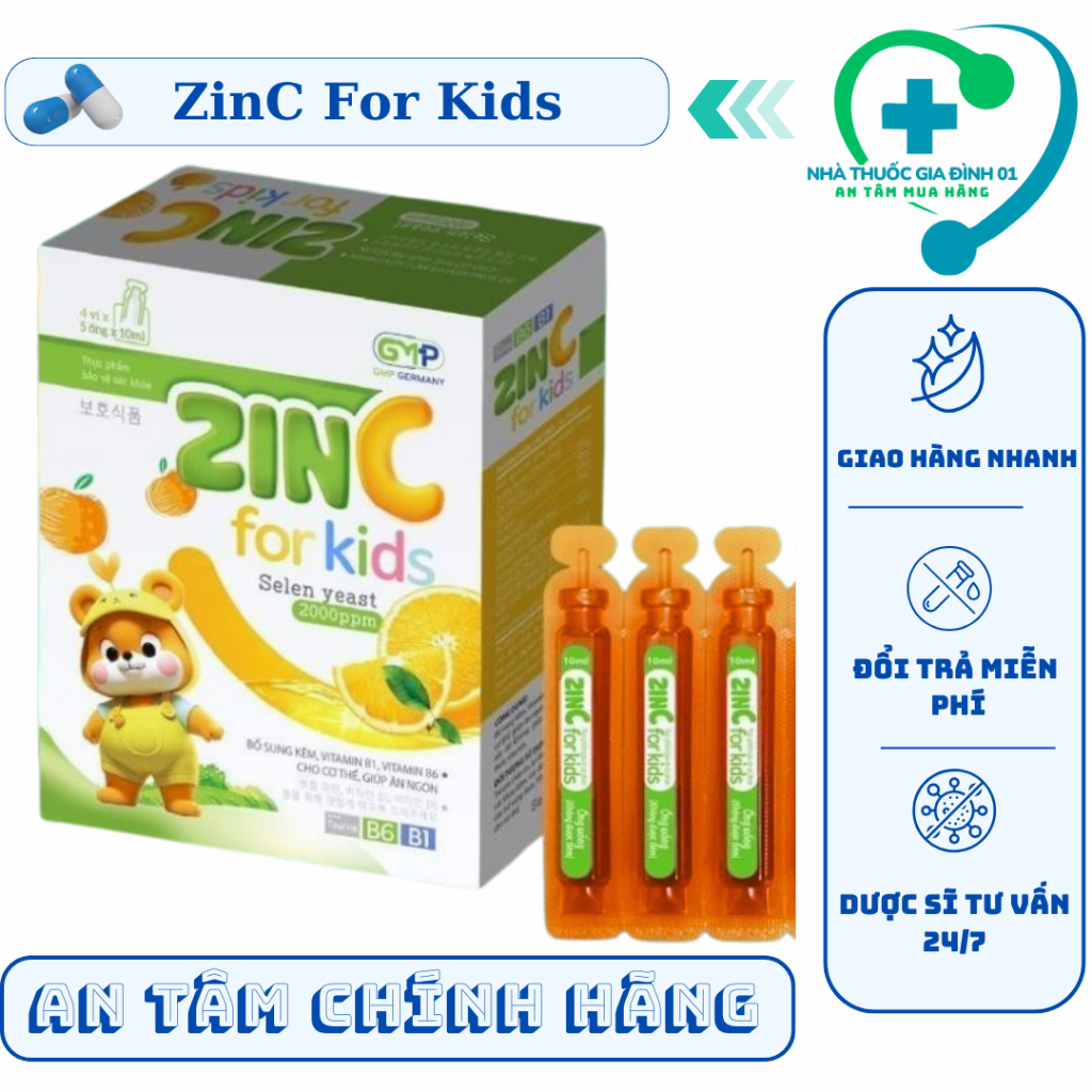 [CHÍNH HÃNG] ZinC For Kids (hộp 4 vỉ x 5 ống) bổ sung kẽm cho cơ thể giúp bé ăn ngon
