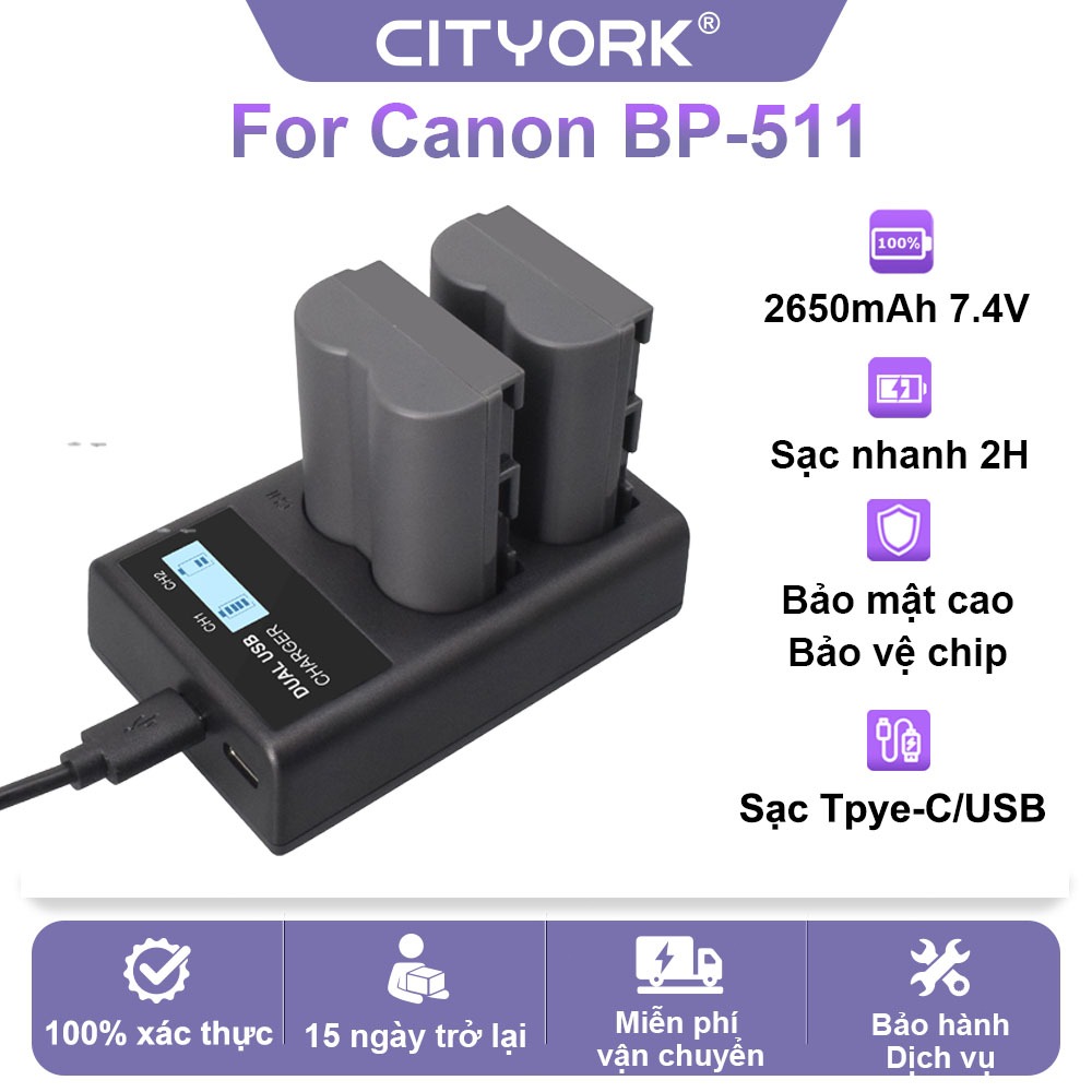 CITYORK Bộ Pin Canon BP-511 2650mAh+Hộp sạc Cho Máy Ảnh Canon EOS 300D 10D 20D 30D 40D 50D 10D 5D