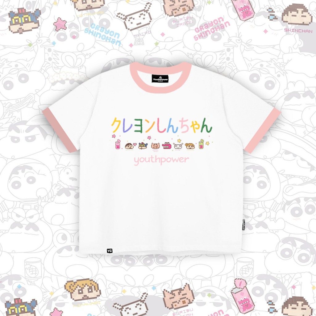 Áo Thun Boxy CRAYON SHINCHAN YOUTHPOWER Form Rộng Nam Nữ Oversize Unisex Cotton 2 Chiều 250gsm Cổ Tròn Local Brand Việt - Trắng Cổ Hồng SHIN-5