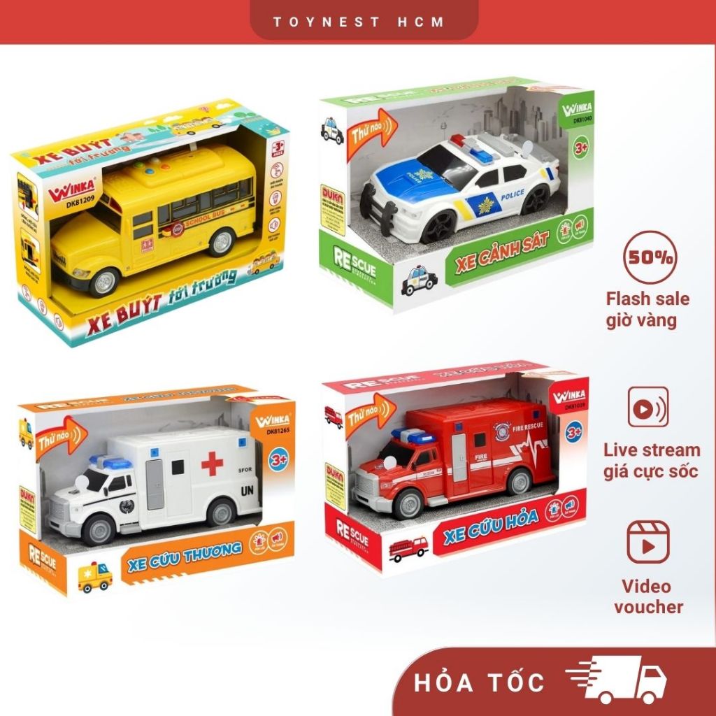 Ô Tô Mô Hình : Đồ Chơi Duka Xe Cảnh Sát - Xe Cứu Hỏa - Xe Cứu Thương - Xe Buýt Tới Trường Nhạc & Sáng Đèn Cho Bé