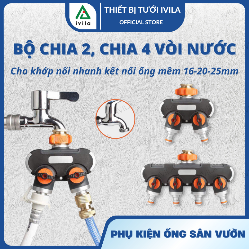 Bộ chia 2, chia 4 nguồn nước có van khóa bằng đồng