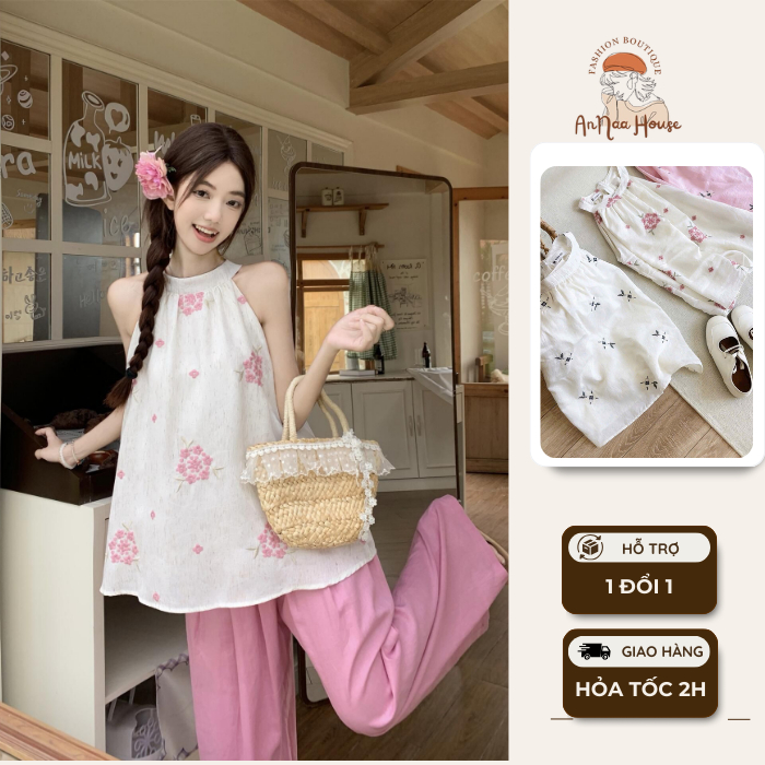 Áo yếm kiểu nữ ANNA HOUSE áo yếm cổ yếm thêu hoa áo yếm nữ mùa thu nhẹ nhàng