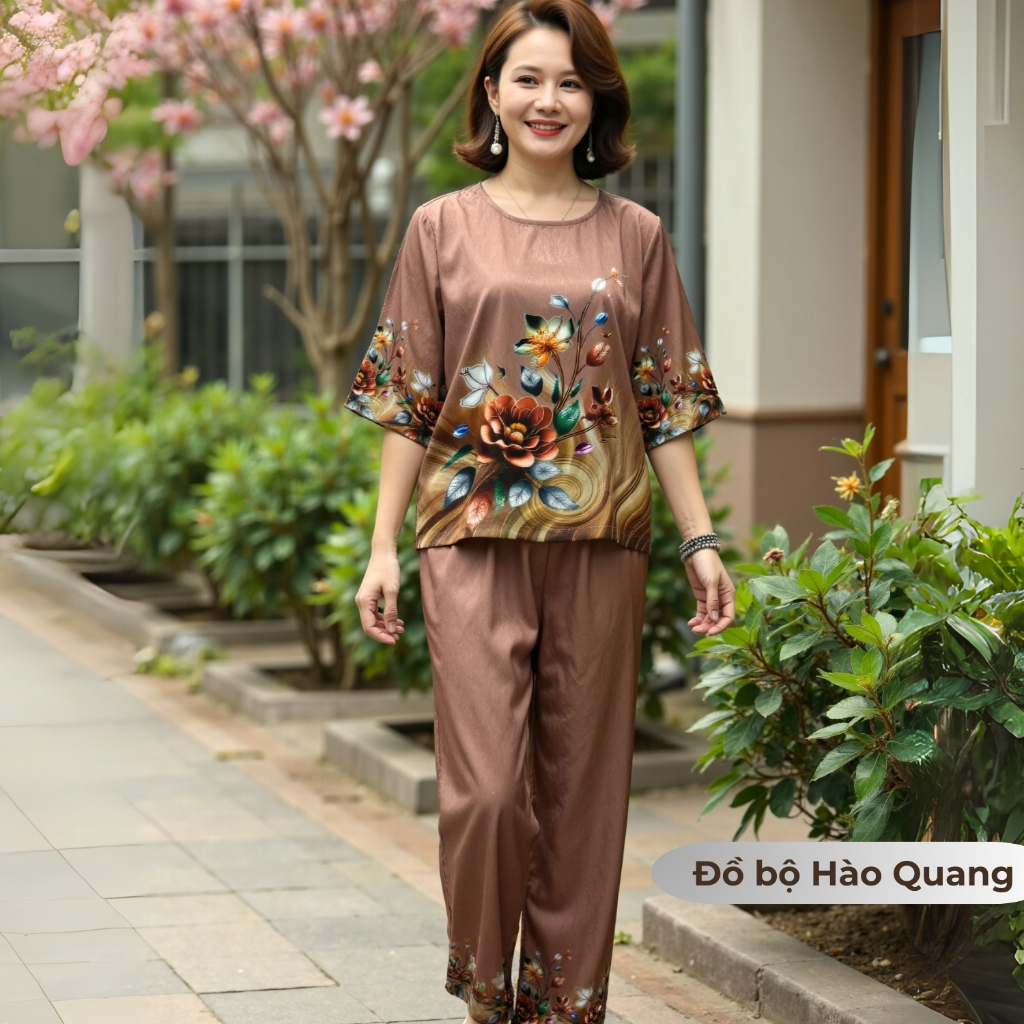 Đồ bộ trung niên cho mẹ, cho bà, Lụa Vân Gỗ Hào Quang in hoa, mặc nhà, đi chơi, đồ ngủ Nâu Hổ Phách
