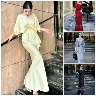Set (Áo+Chân Váy+Dây Hoa) Phi Lụa Hàng Thiết Kế, Set Áo Trễ Vai Tay Dơi Phối Chân Váy Cá Dài Sang Chảnh