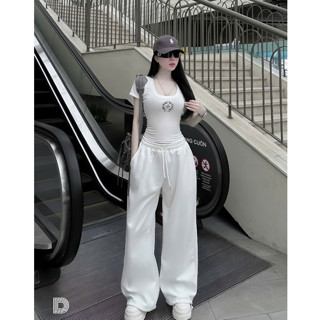 Set đồ nữ tiểu thư sang chảnh áo thun cổ vuông basic phối quần suông dài ống rộng thể thao thiết kế dạo phố LONA Jennie