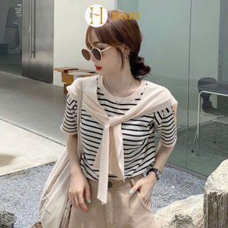 Áo Len Kẻ Cộc Tay Viền Trơn Hari Phối Khăn Muối Tiêu Freesize  108 P12K8