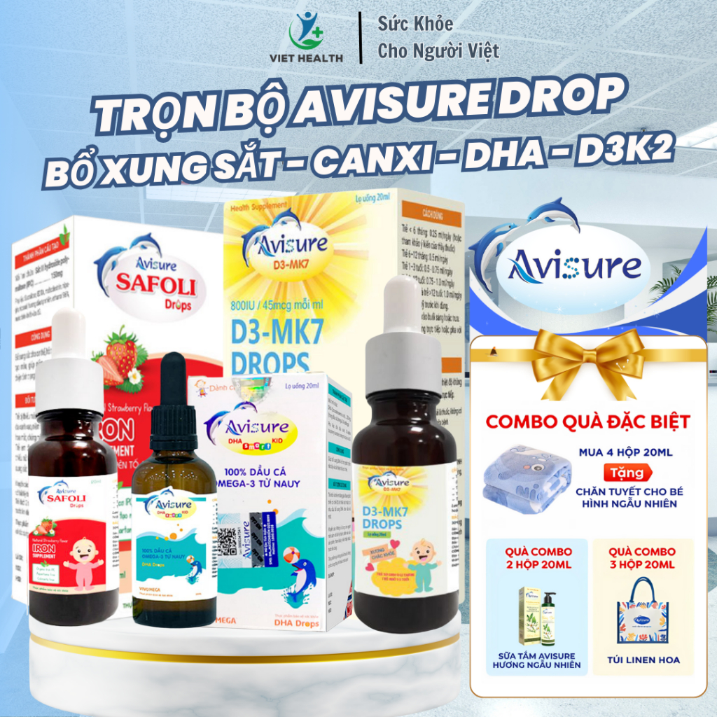 Combo Avisure Drop Cho Bé DHA - Sắt - D3MK7 Tinh Khiết Cho Bé - Hỗ Trợ Bé Phát Triển, Tăng Đề Kháng