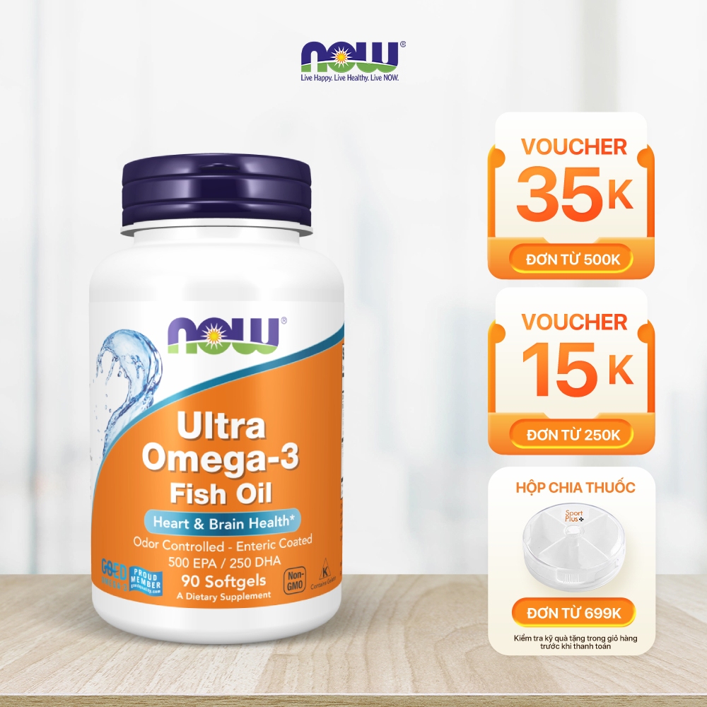 Viên uống dầu cá Ultra Omega 3 Now của Mỹ, 500 EPA / 250 DHA, hỗ trợ tim mạch, não bộ, thị lực