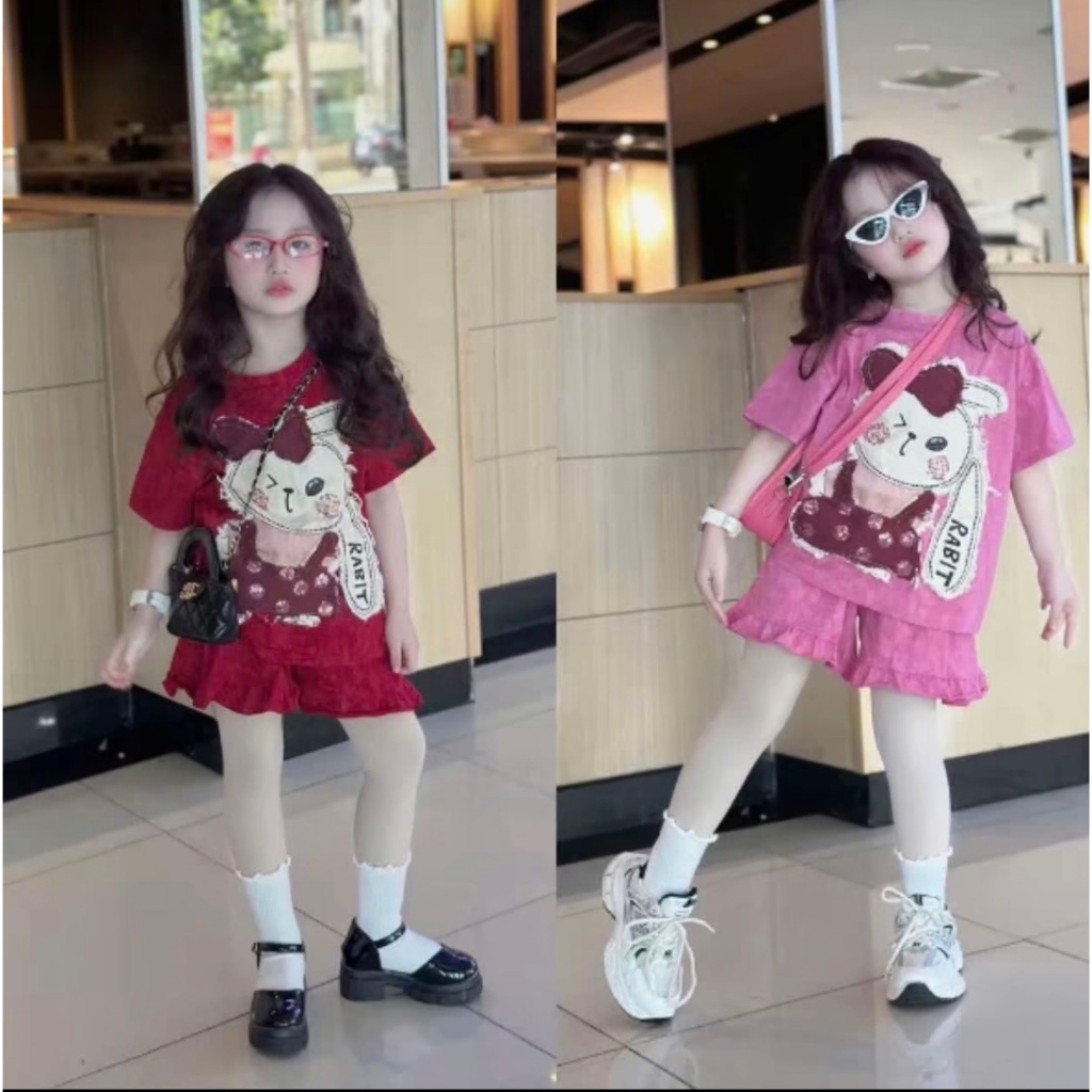 Sét Bộ Quần ÁO Mùa Hè Mẫu Hottred In Hình Thỏ RABIT Dành Cho Bé Gái sz 9-36kg . chất liệu cotton tixi