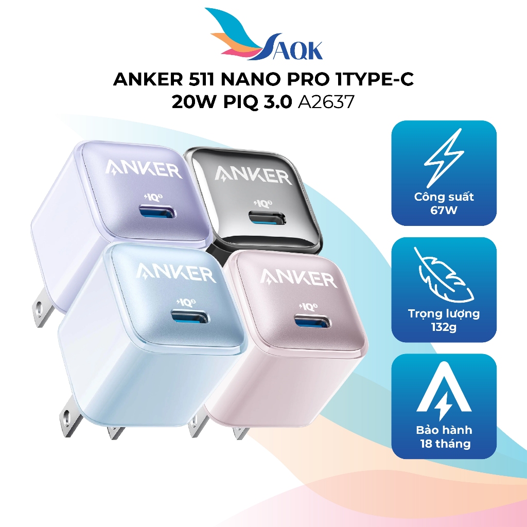 Cốc sạc Anker 511 Nano Pro 1Type-C 20W PIQ 3.0 A2637 - Hàng chính hãng