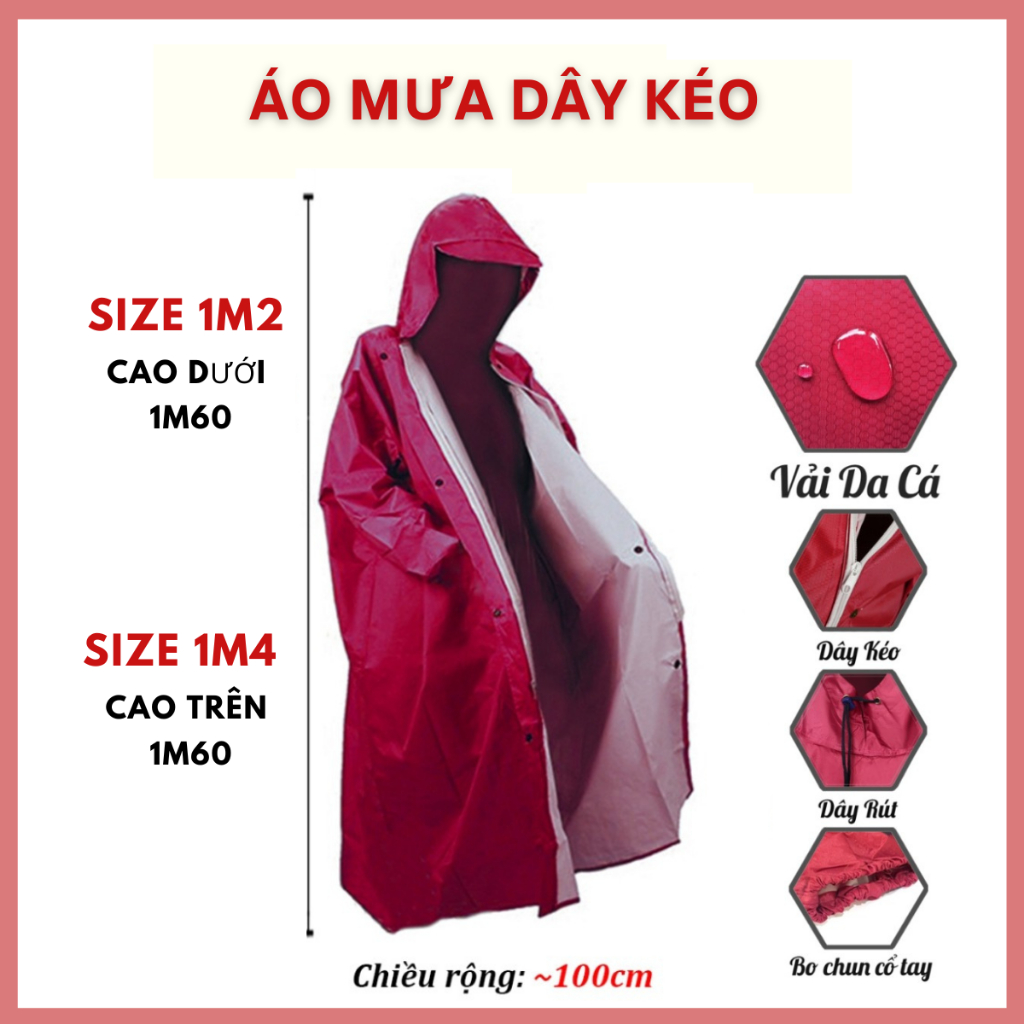 Áo mưa dây kéo vải dù tổ ong chống thấm tốt, bền nhẹ, dễ mang theo - nhiều màu, size 1m2 và 1m4