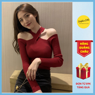 Áo len trễ vai nữ tay dài ôm dáng, len gân dệt kim cổ chéo, thời trang nữ Hàn Quốc  C1-3