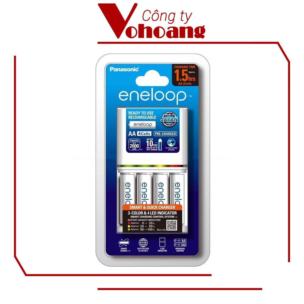 Sạc nhanh cao cấp 1.5 giờ Panasonic Eneloop kèm 4 pin AA 2000mAh tự ngắt sạc, có đèn báo từng khe sạ