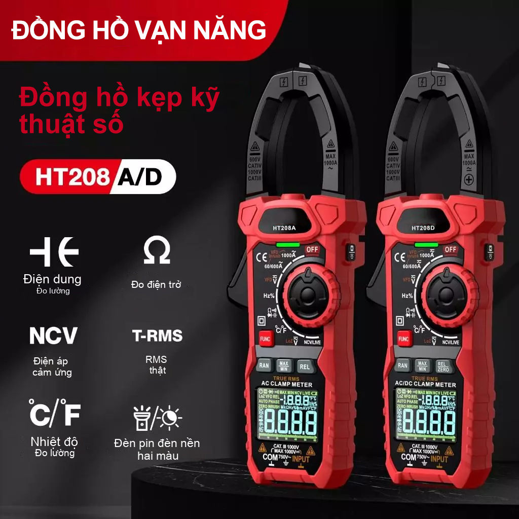 HT208 Máy đo Kẹp vạn năng 1000V AC/DC True RMS Tự động Đo khoảng cách
