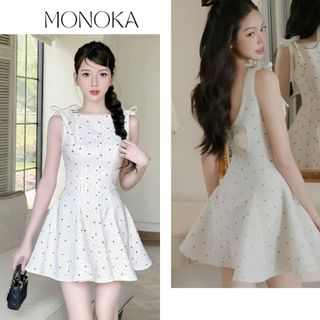 Váy cổ thuyền không tay thắt nơ vai dáng ngắn xòe tôn eo thanh lịch kèm quần trong Đầm nữ kẻ nơ thanh lịch xinh T1186G