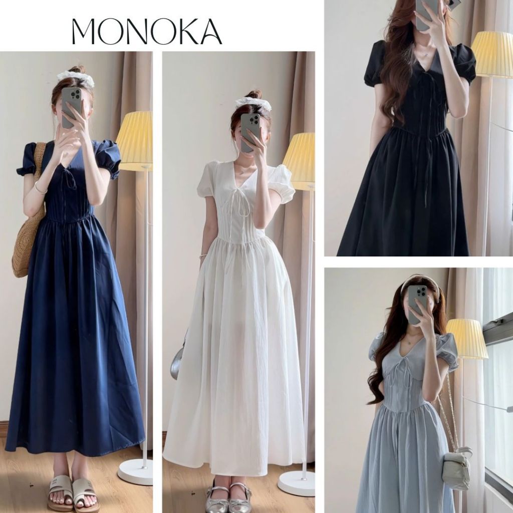  Váy tiểu thư dáng dài tay bồng cổ V dây thắt nơ trước ngực tôn eo xòe maxi Đầm nữ bánh bèo vintage xinh nữ tính T1346G 