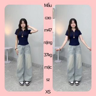 (SUÔNG RỘNG NẤM) QUẦN JEANS NỮ ỐNG RỘNG TO PHỐI RIA MEO MÀU XANH NHẠT