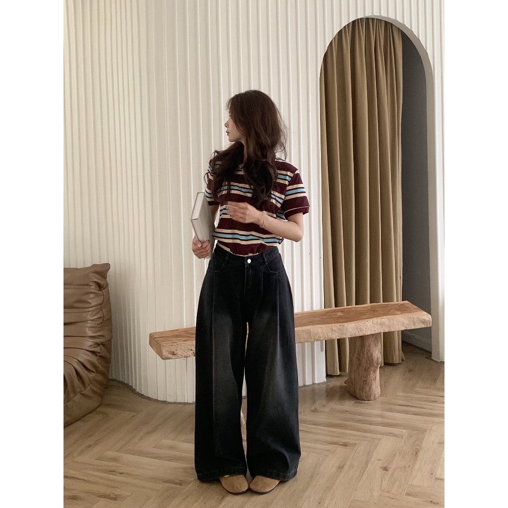 𝐌𝐢𝐧𝐢 𝐇𝐨𝐮𝐬𝐞 - Quần ống rộng eo nhúm đen nhám | BigBuy360 - bigbuy360.vn