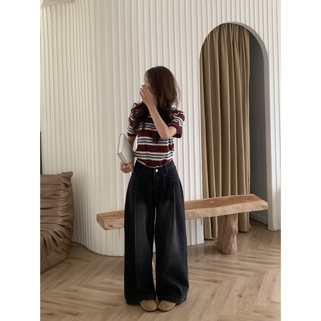 𝐌𝐢𝐧𝐢 𝐇𝐨𝐮𝐬𝐞 - Quần ống rộng eo nhúm đen nhám | BigBuy360 - bigbuy360.vn
