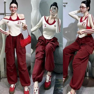  SET Bộ 3 MÓN Áo Yếm Bra Đỏ Có Mút Croptop + Áo Thun Kem Tim Viền Croptop Tay Dài + Quần Ống Xuông Rộng Đỏ 