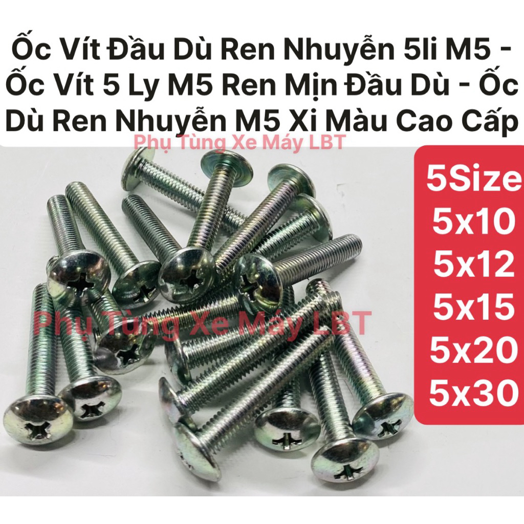 (50con) Ốc Vít Đầu Dù Ren Nhuyễn 5li M5 - Ốc Vít 5 Ly M5 Ren Mịn Đầu Dù - Ốc Dù Ren Nhuyễn M5 Xi Màu